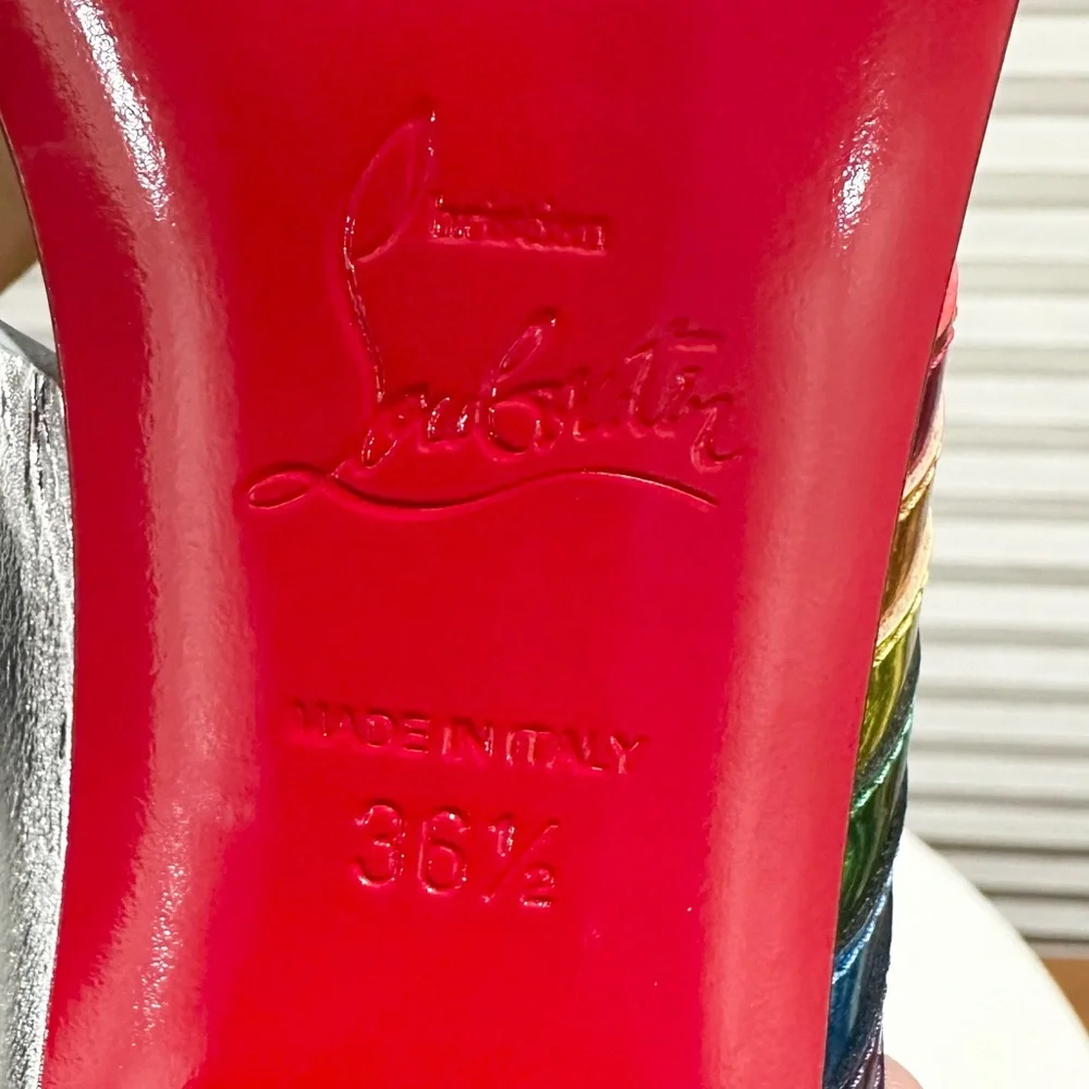 🌺CHRISTIAN LOUBOUTIN🌺 Arkenmule Silver Rainbow Mule Sandal Size: 36.5 - Picture 14 of 15